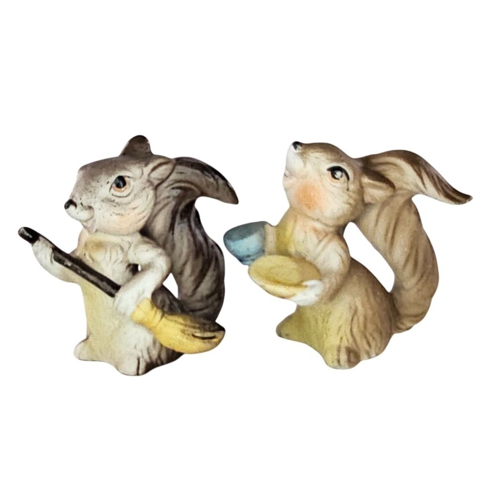Vintage Ceramic Bone China Squirrel Figurines Holding Broom Cup Anthropomorphic